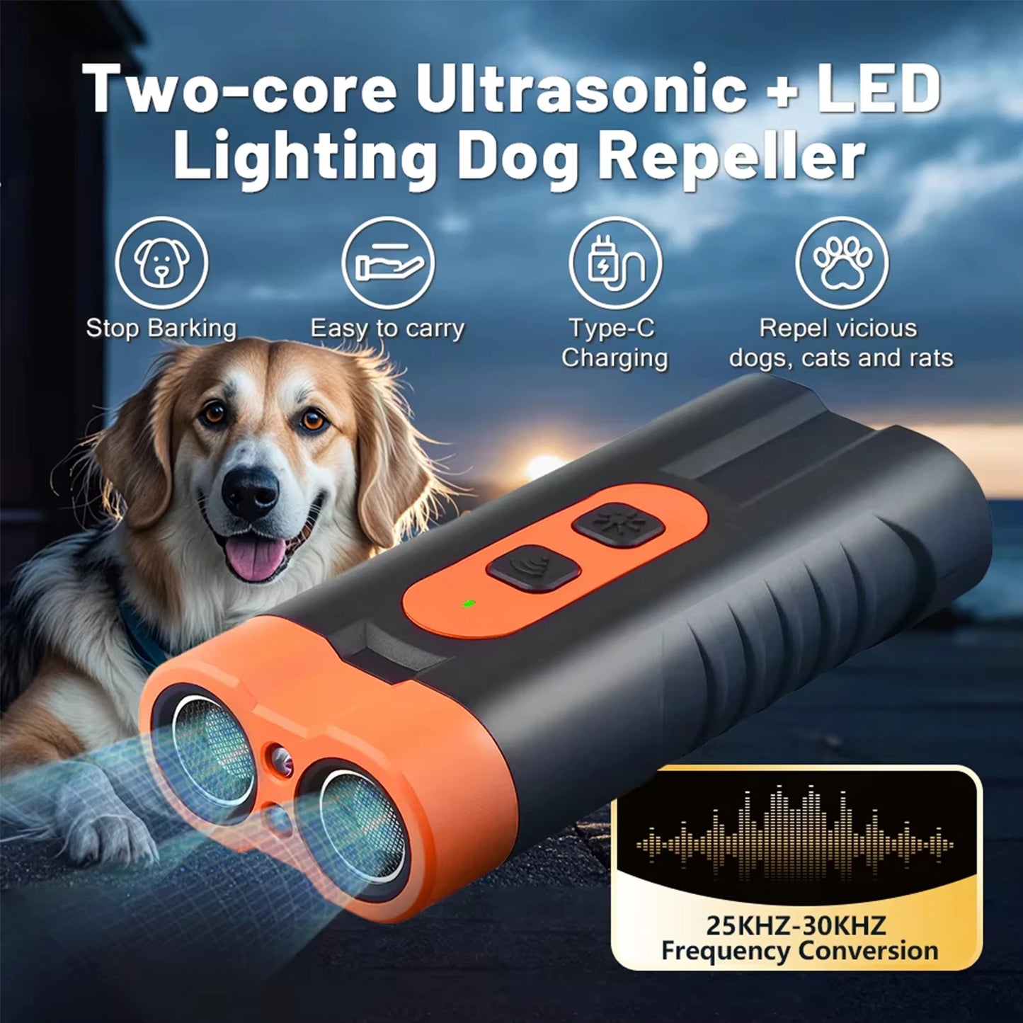 2025 Dual Head Ultrasonic Dog Repeller USB Rechargeable Dog Training Device High-Power anti Bark Device with LED Flashlight